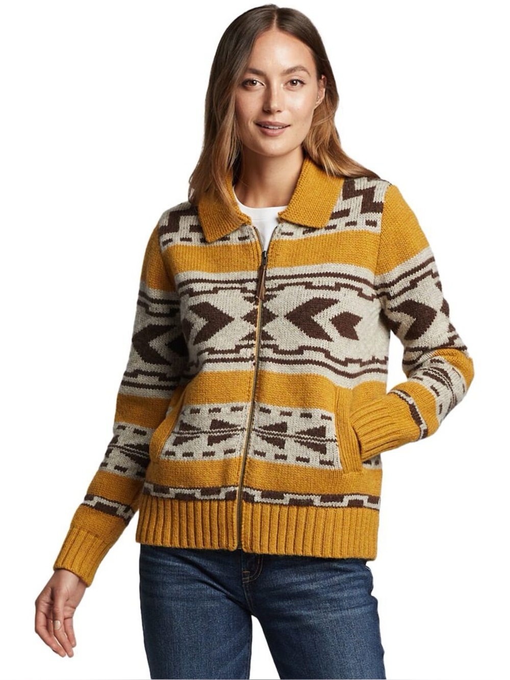 Pendleton Mustard Yellow, Cream & Brown Geometric Zip Cardigan - Picture 2 of 12